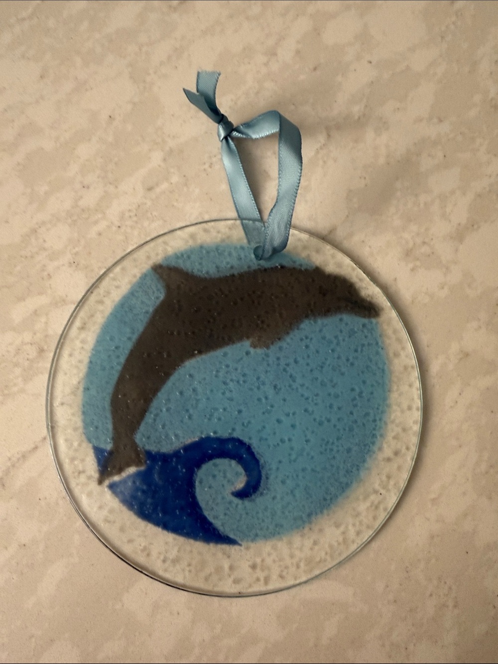 Handmade Blue & Gray Dolphin Fused Glass Ornament
